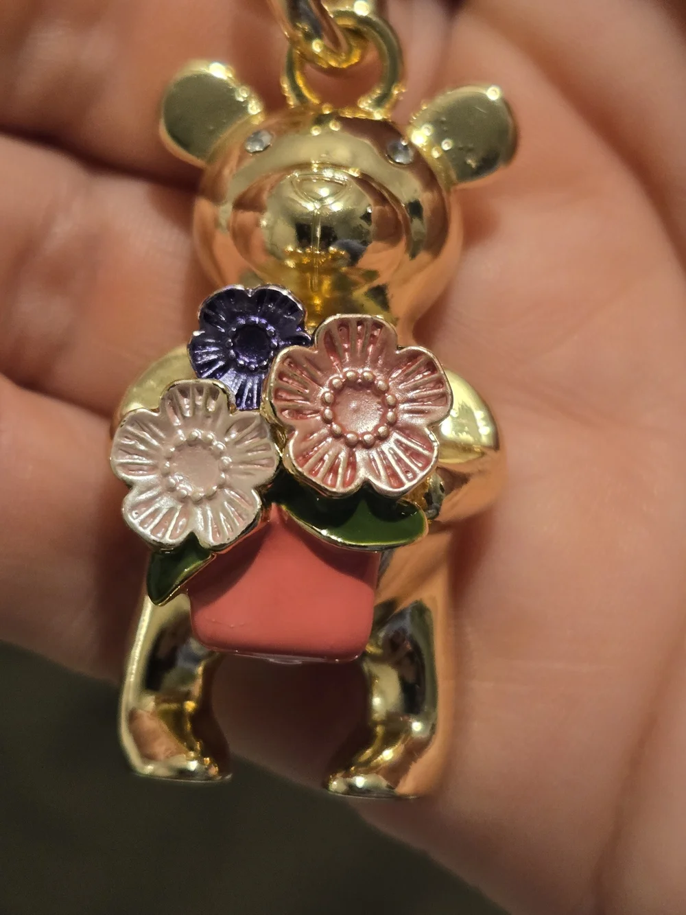 Gold Bear Keychain with Pink & Purple Flower Accent
